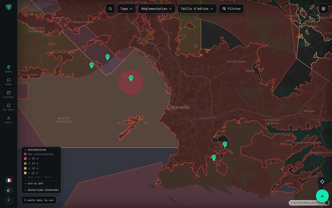 Glydar’s map: the official regulations in colour and spots around Marseille.