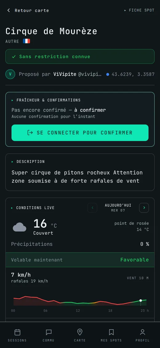 A spot page on a phone: regulatory status, current conditions.